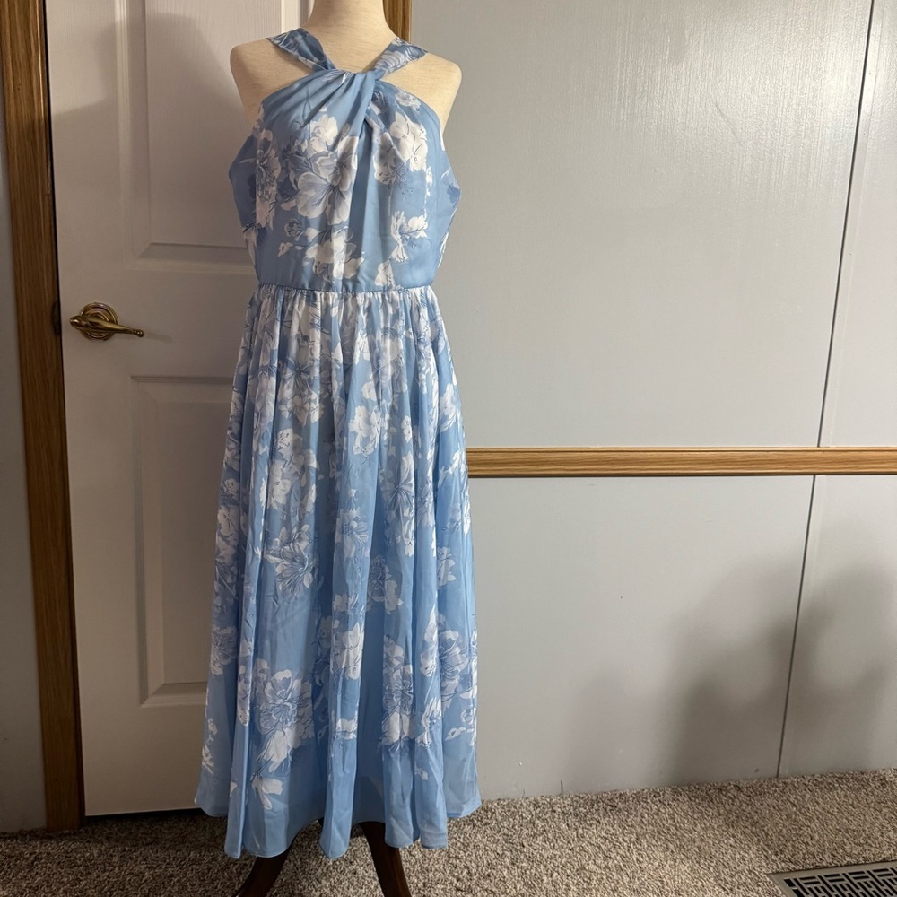 Fehaute Blue Floral Chiffon‎ Halter Sleeveless Midi Dress Size 8